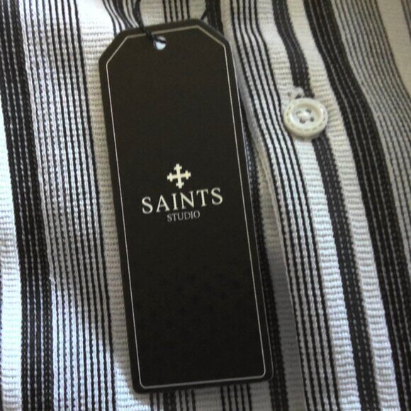 NEW Saints Studio Men's Short Sleeve Shirt Logo Black & White Stripe NWT $58 XL - Picture 5 of 8